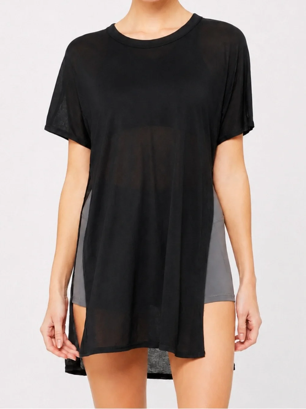 Alo Yoga Dreamer Top Black Sheer Oversized Side Slit Tunic Tee estimated Sz S